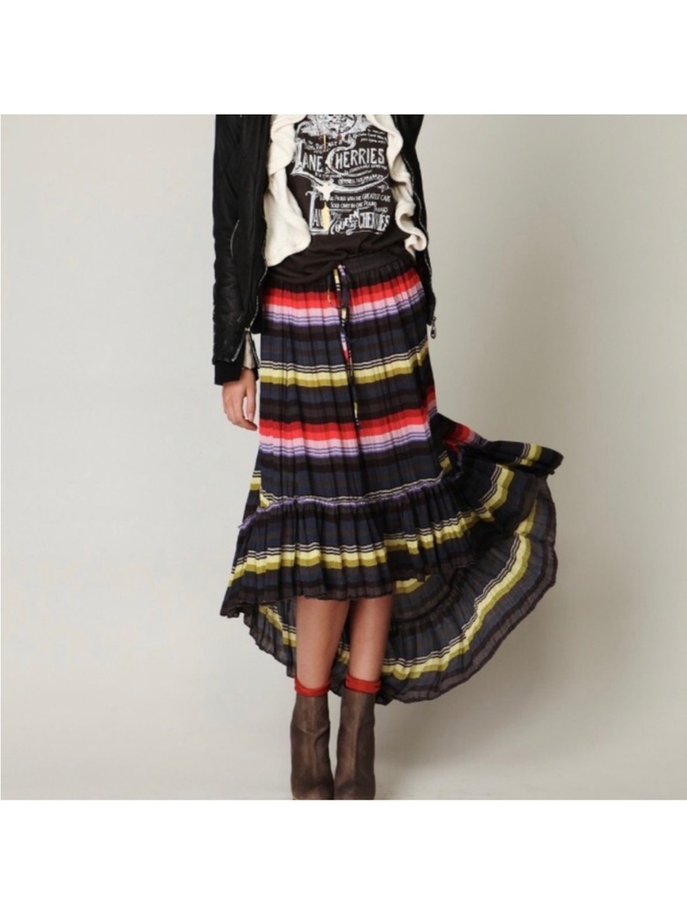 Free People Serape Print High-Low Striped Pleated Maxi Skirt Size M